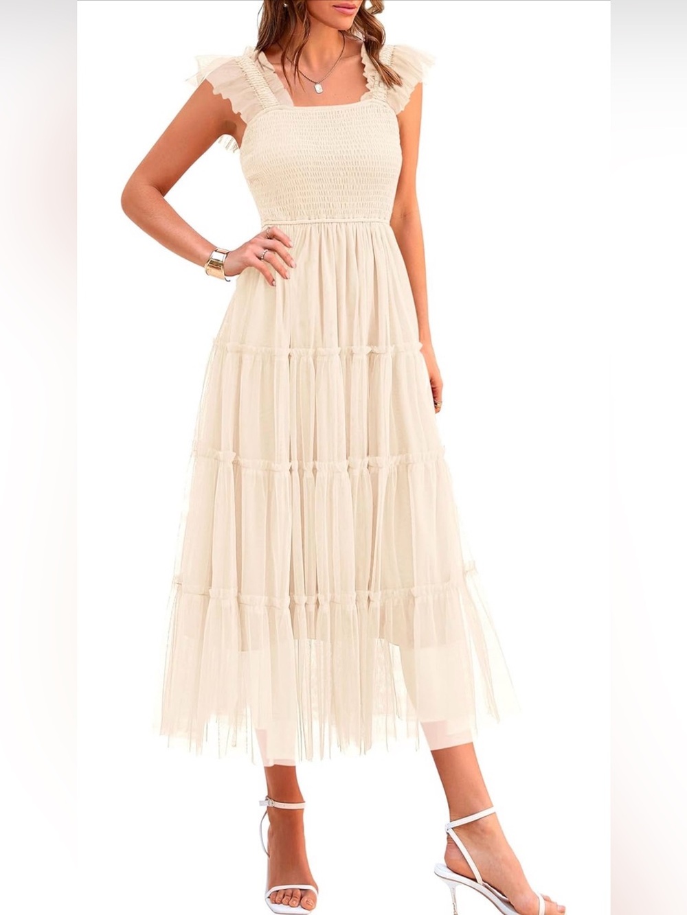 NWOT Smocked Bodice Cream Maxi Dress with Ruffled Straps Boho, Medium